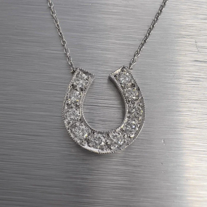 14k White Gold Diamond 10 Stone Horseshoe Pendant Necklace 15.5" 0.70ctw