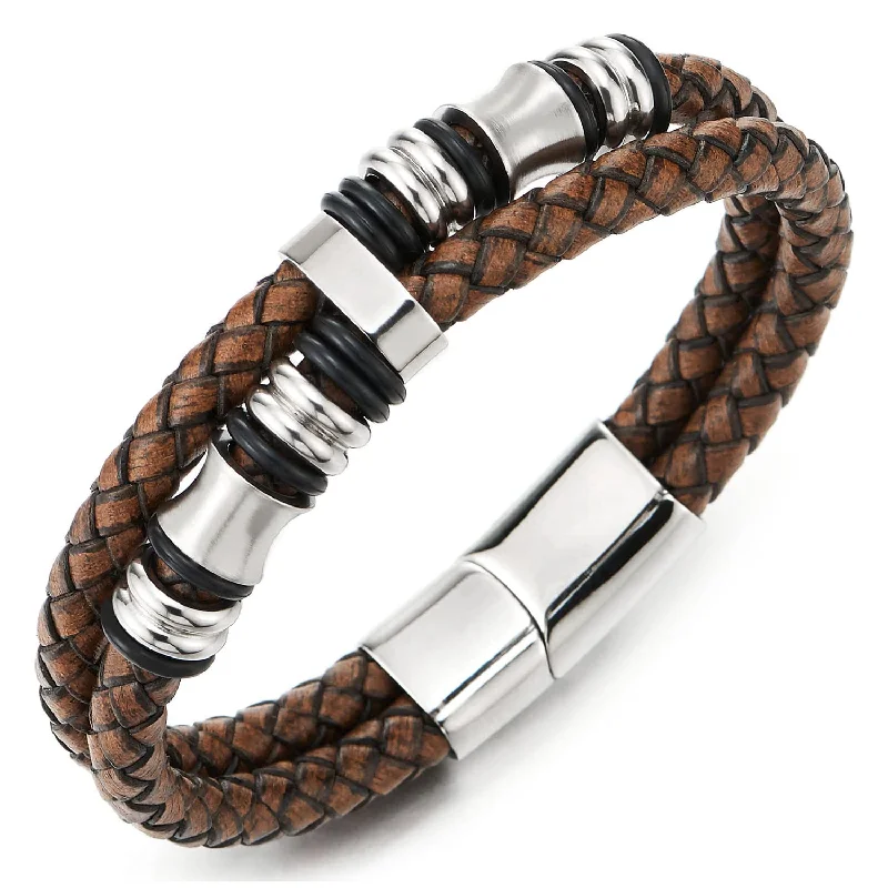 Men Double-Row Rough Rusty Brown Braided Leather Bracelet Bangle Wristband, Silver Steel Ornament