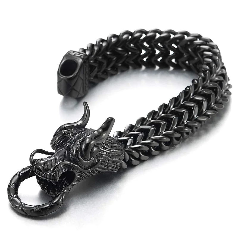 Mens Large Stainless Steel Dragon Curb Chain Bracelet, 8.5 Inches Long, Biker Masculine