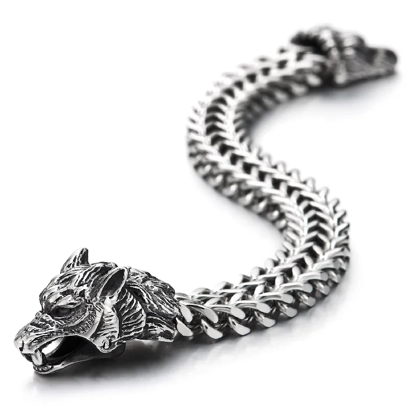 Mens Biker Masculine Steel wolf head Double Square Franco Chain Bracelet with Spring Clasp Polished