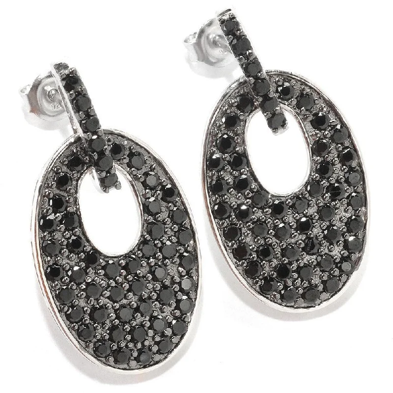 Sterling Silver 2 4/5ct TGW Black Spinel Pave Oval Drop Earrings