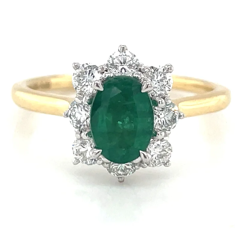 18ct Yellow Gold Earth Grown 0.85ct Emerald & Diamond Cluster Halo Engagement Ring