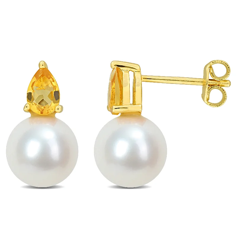 Miadora 3/4ct TGW Citrine and 8.5-9mm Cultured Freshwater Pearl Earrings Yellow Silver - 15.5 mm x 8.8 mm x 8.8 mm