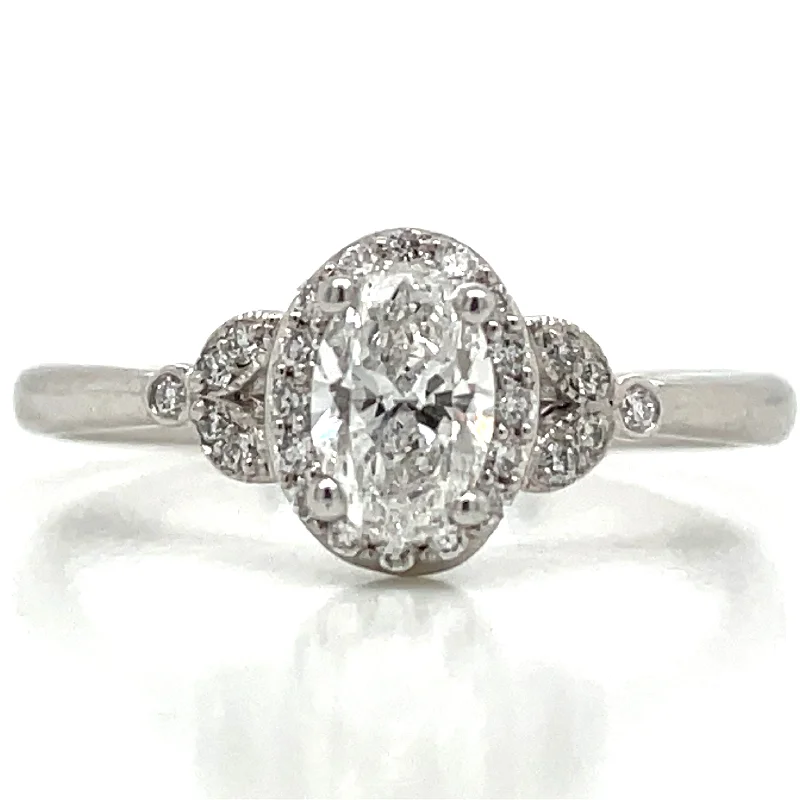 Avril - Platinum Natural 0.52ct Oval Halo Diamond Engagement Ring With Vintage Side Detail