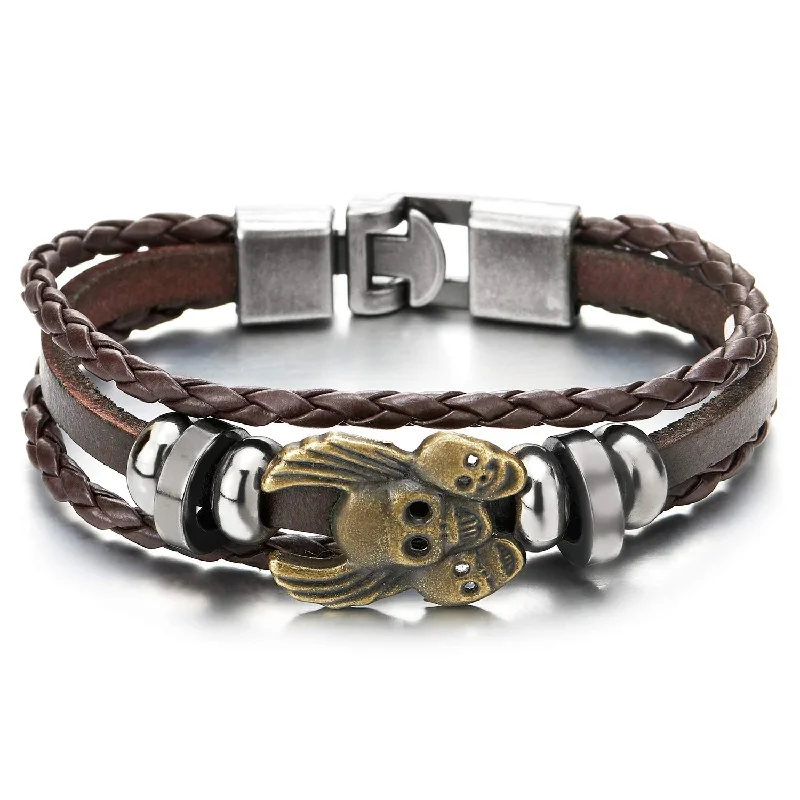 Men Women Vintage Aged Bronze Angel Wing Skull Brown Braided Leather Bracelet Multi-Strand Wristband