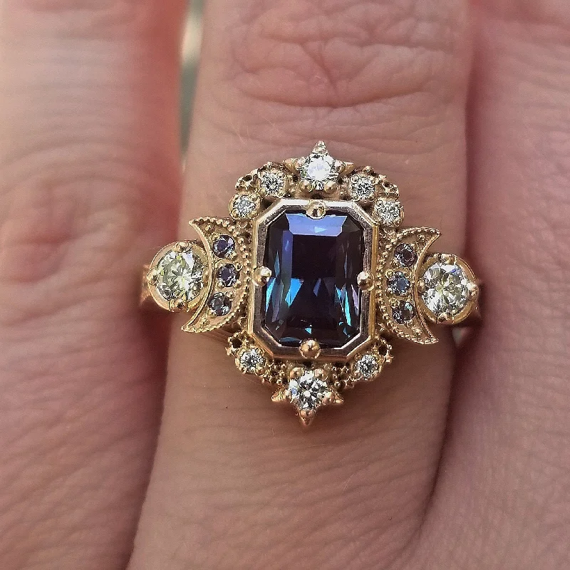 Radiant Emerald Cut Alexandrite Selene Crescent Moon Engagement Ring - Diamonds and Chatham Alexandrite