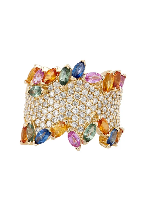 Watercolors 14K Yellow Gold Multi Sapphire and Diamond Ring, 4.60 TCW