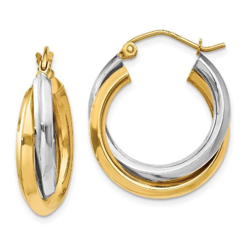 Curata 14k Two Tone Gold Hollow Polished 14x7mm Hinged Post Double Hoop Earrings