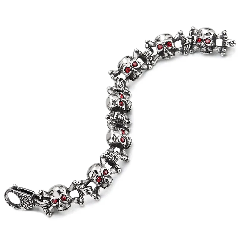 Mens Stainless Steel Bone Skull Link Bracelet with Red Cubic Zirconia Biker Gothic Style