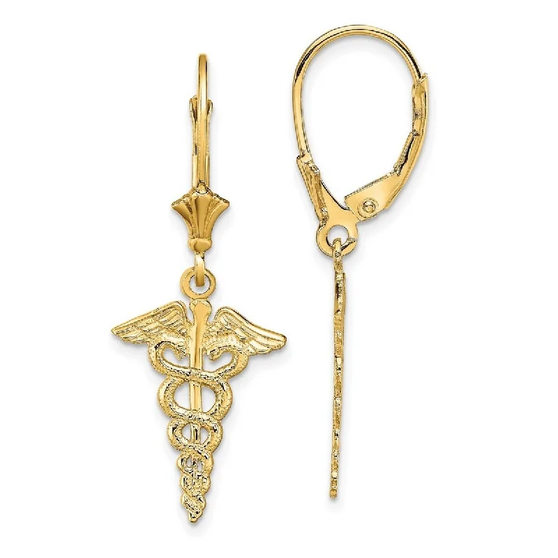 Curata 14k Yellow Gold 33.6x12.83mm Caduceus Leverback Earrings