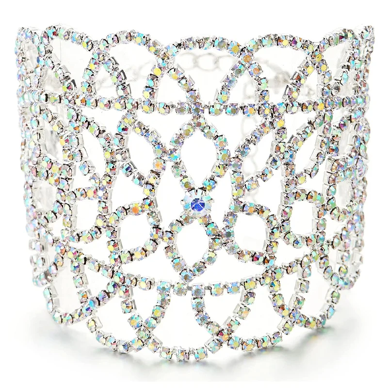 Sparkling Womens Rainbow Rhinestones Pave Cluster Flower Leaf Wide Bangle Bracelet, Unique