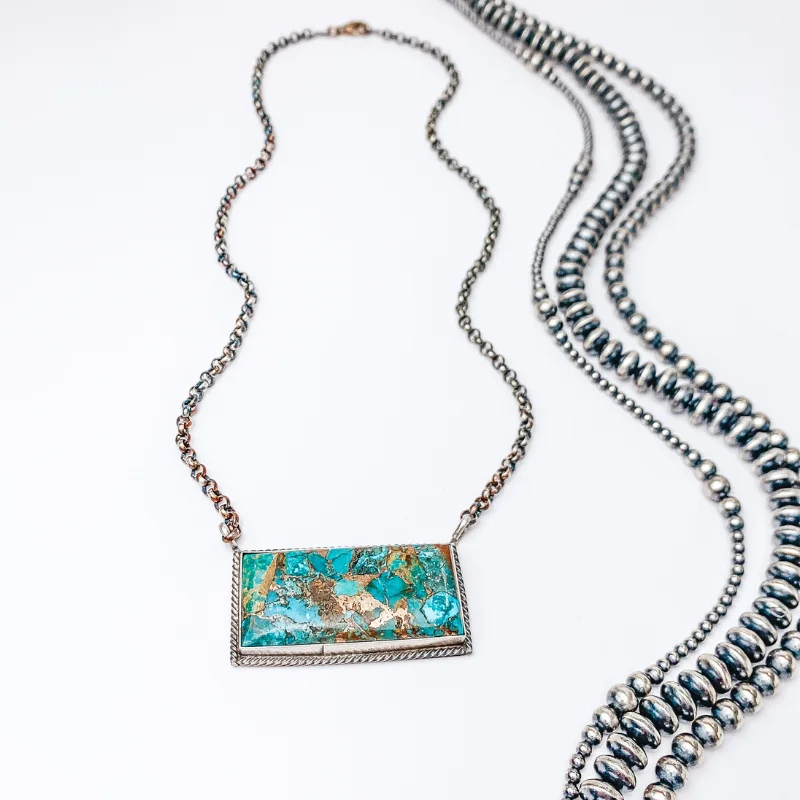 Tia Long | Navajo Handmade Sterling Silver Chain Necklace with Large Kingman Turquoise Bar