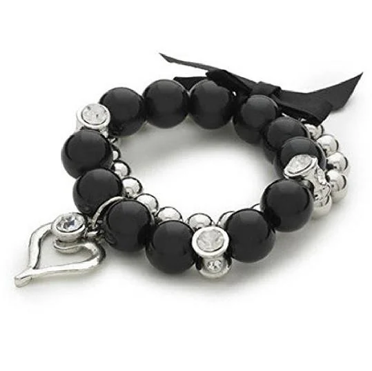 Silver Diamante 'Dancing In the Moonlight' Stretch Heart Charm and Bead Bracelet