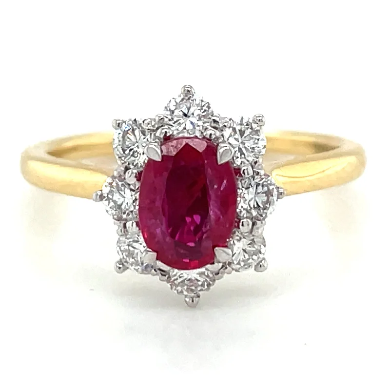 18ct Yellow Gold Earth Grown 1ct Ruby & Diamond Cluster Halo Engagement Ring