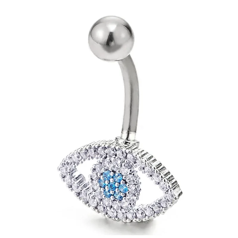 White and Light Blue Cubic Zirconia Pave Evil Eye Belly Chain Belly Button Ring Piercing Navel Ring