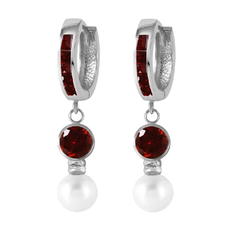 4.3 Carat 14K Solid White Gold Huggie Earrings pearl Garnet