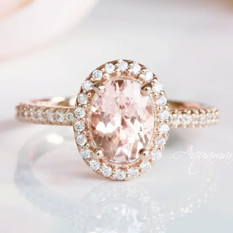 Iris Oval Halo Morganite Engagement Ring- 14K Solid Rose Gold