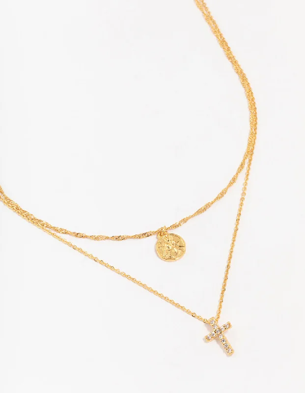 Gold Plated Brass Cubic Zirconia Cross Coin Layered Necklace