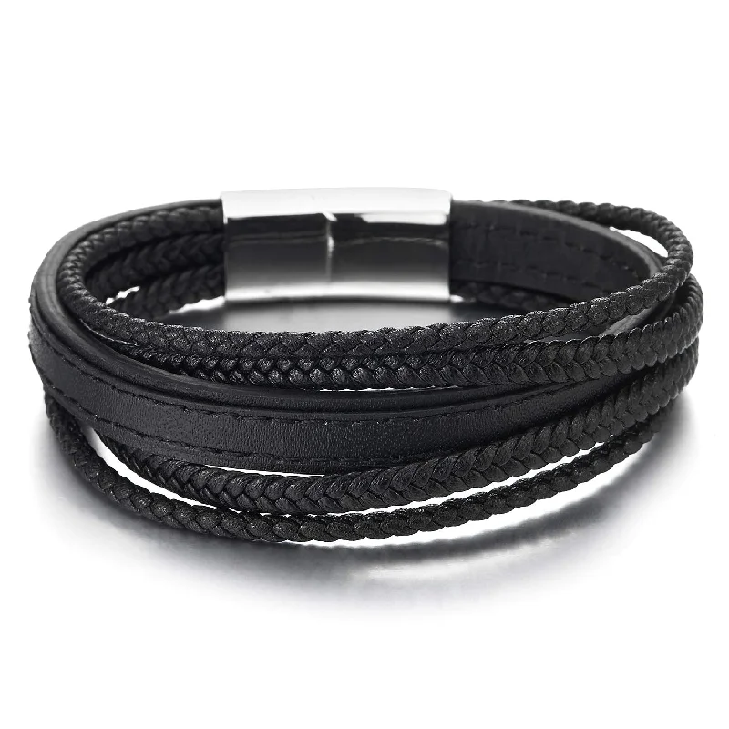 Mens Womens Multi-Strand Black Stitches Braided Leather Bracelet Wristband