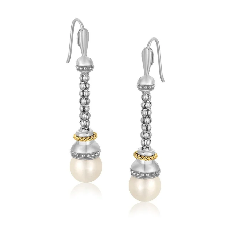 18k Yellow Gold and Sterling Silver Dangling Earrings with Pearl Ends