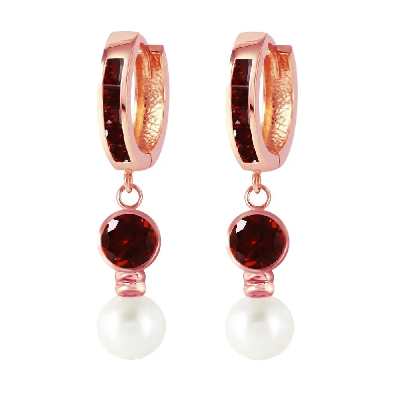 4.3 Carat 14K Solid Rose Gold Huggie Earrings pearl Garnet