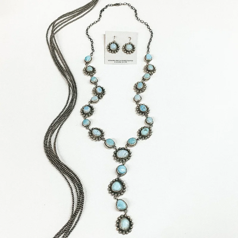 Dave Skeets | Navajo Handmade Sterling Silver & Golden Hills Turquoise Stones Lariat Necklace + Matching Earrings