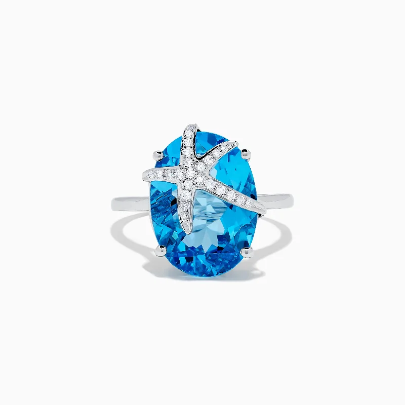 Seaside 14K Gold Blue Topaz and Diamond Starfish Ring, 13.74 TCW