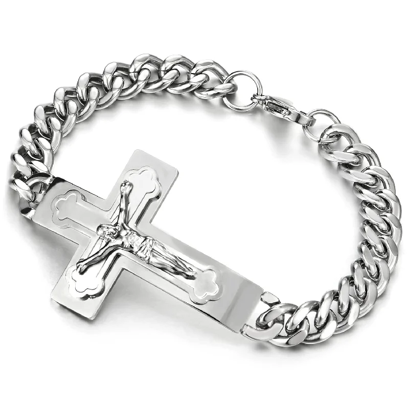 Mens Stainless Steel Jesus Chris Crucifix Cross Bracelet Curb Chain Silver Color Polished