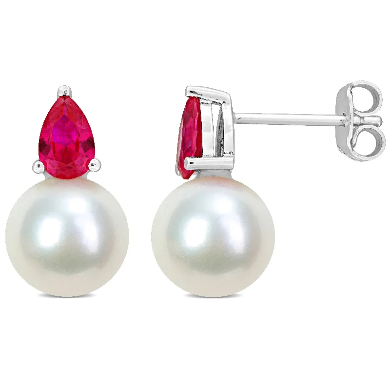 Miadora 1 1/3ct TGW Created Ruby and 8.5-9mm Cultured Freshwater Pearl Earrings in Sterling Silver - 15.5 mm x 8.7 mm x 8.7 mm