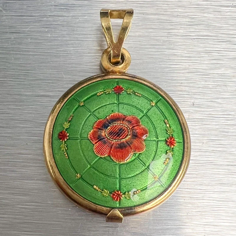 Vintage 18k Yellow Gold Green & Red Floral Motif Locket 7.6g ITALY