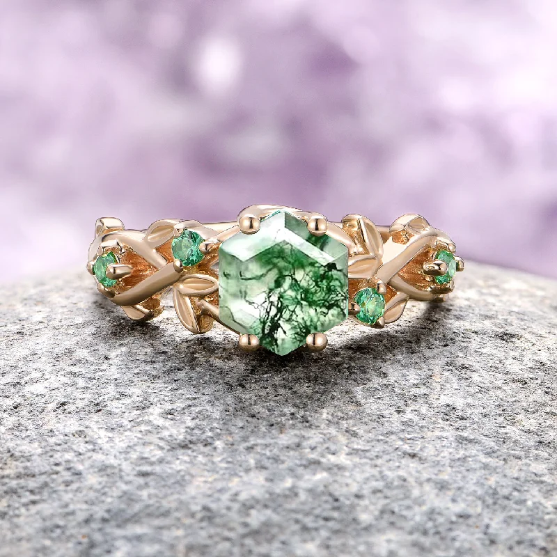 Woodland Green Moss Agate & Emerald Leaf Engagement Ring- 14K/ 18K Solid Yellow Gold