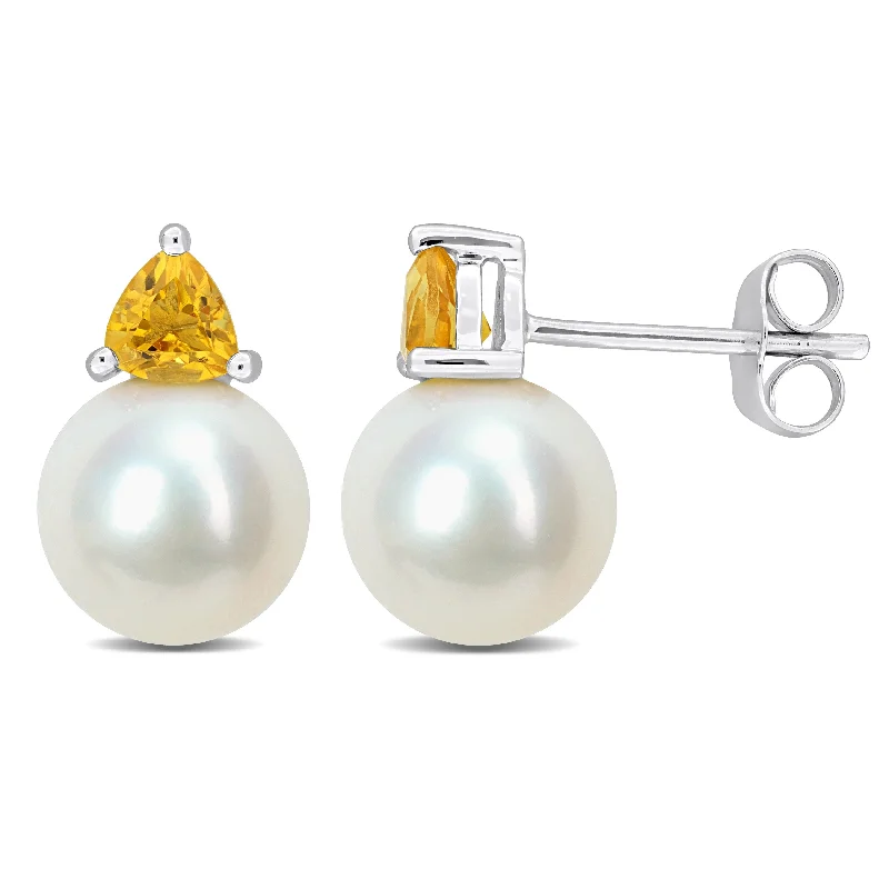 Miadora 8-8.5mm Cultured Freshwater Pearl and 2/5ct TGW Citrine Stud Earrings in 10k White Gold - 13 mm x 8.5 mm x 8.5 mm