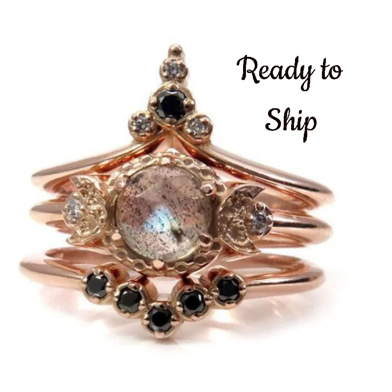 Ready to Ship Size 6 - 8 - Moon Temple Rose Gold Engagement Ring Set - Rose Cut Labradorite with Black and White Diamonds