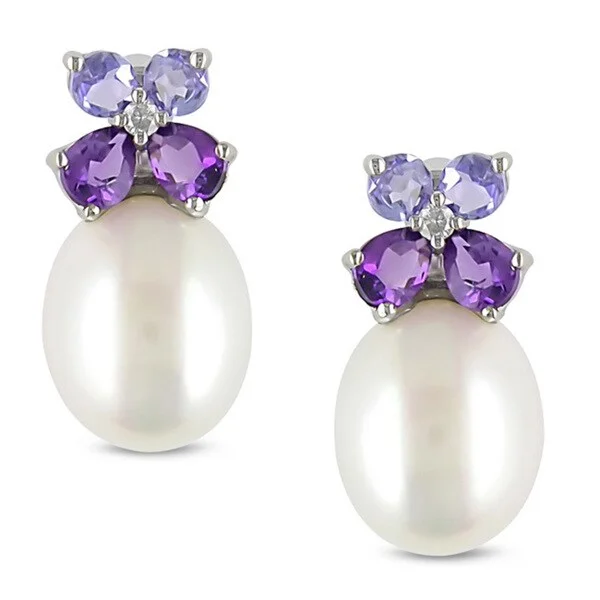 Miadora Silver Pearl, Multi-gemstone and Diamond Earrings (8-8.5 mm)