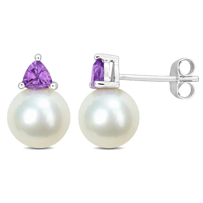 Miadora 8-8.5mm Cultured Freshwater Pearl and 3/8ct TGW Amethyst Stud Earrings in 10k White Gold - 13 mm x 8.5 mm x 8.5 mm