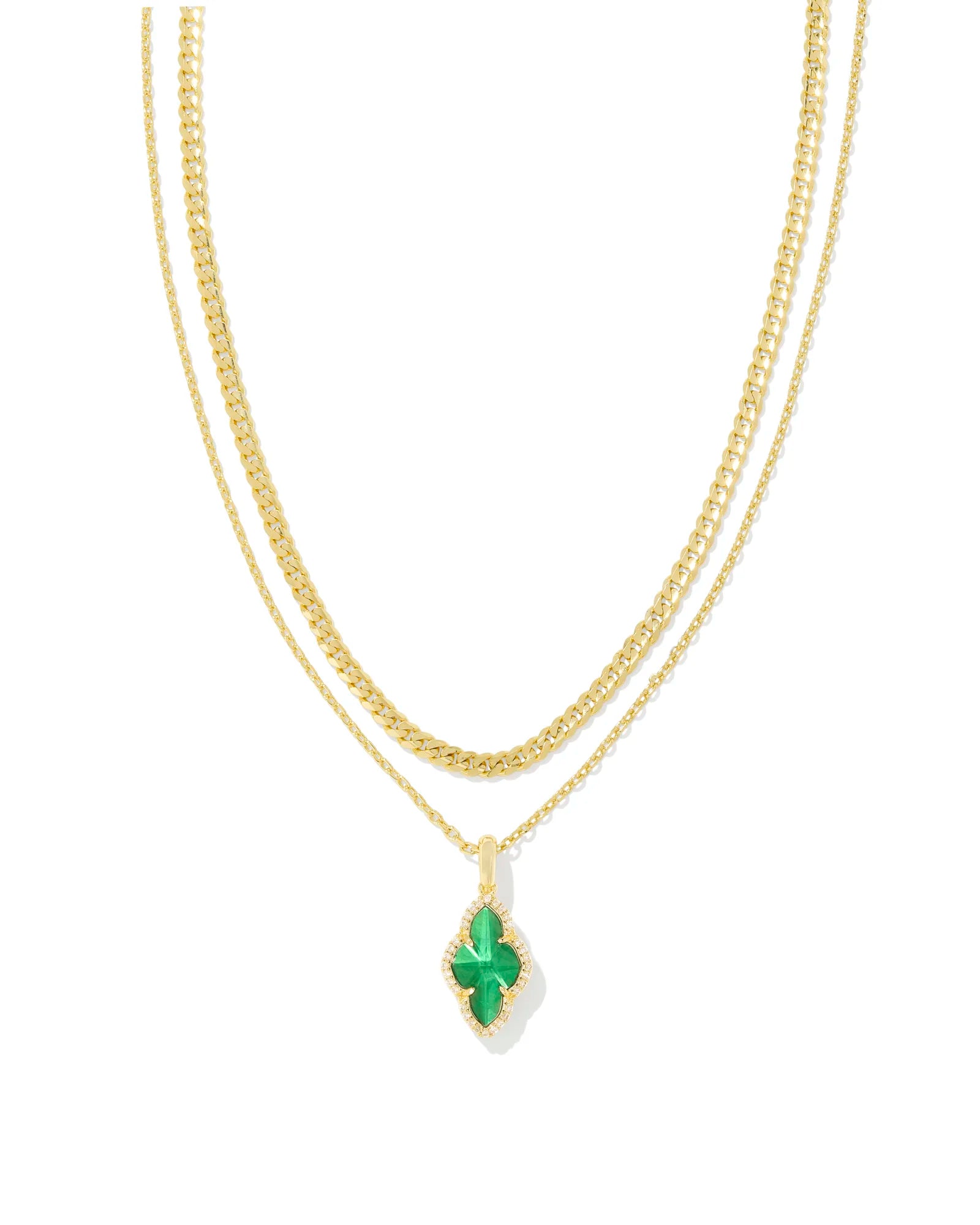 Kendra Scott | Abbie Gold Pave Frame Multi Strand Necklace in Emerald Green Illusion