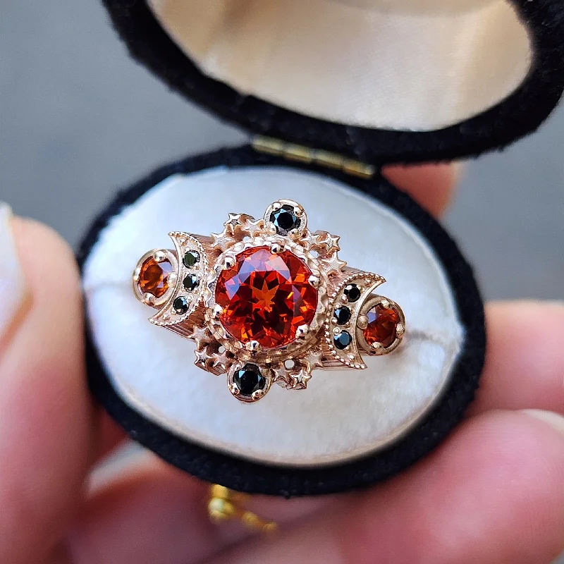 Pumpkin Queen Chatham Padparadscha Sapphire Triple Moon Engagement Ring with Black Diamonds Cosmos Gothic Fine Jewelry