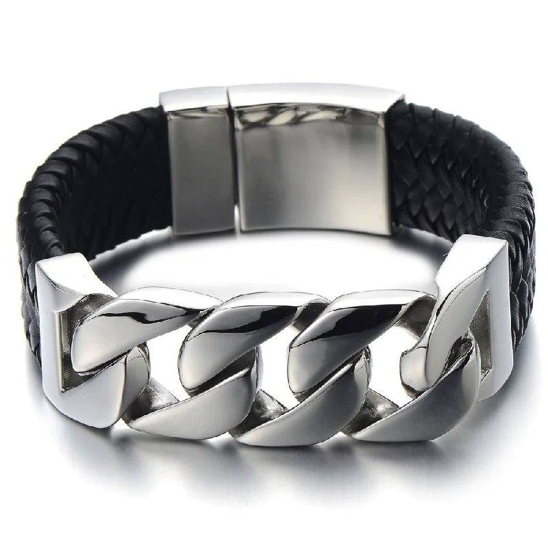 Unique Mens Stainless Steel Curb Chain and Genuine Braided Leather Bracelet with Spring Box Clasp