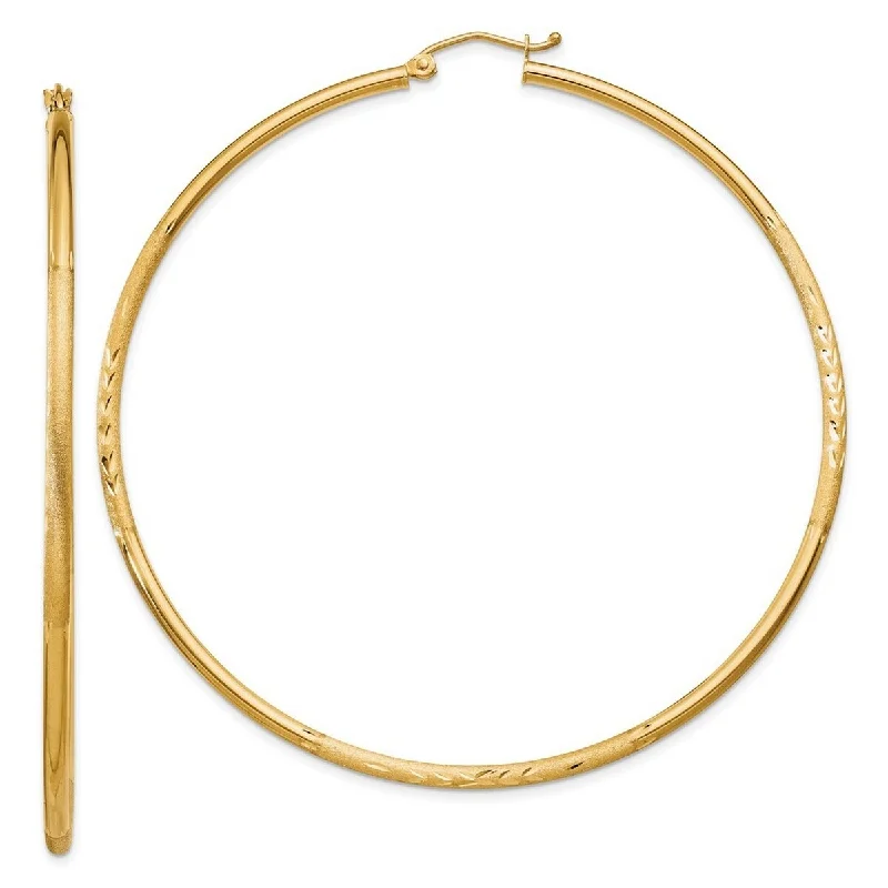 Curata 10k Yellow Gold Satin and Sparkle Cut Round Tube Hoop Earrings - 65mm