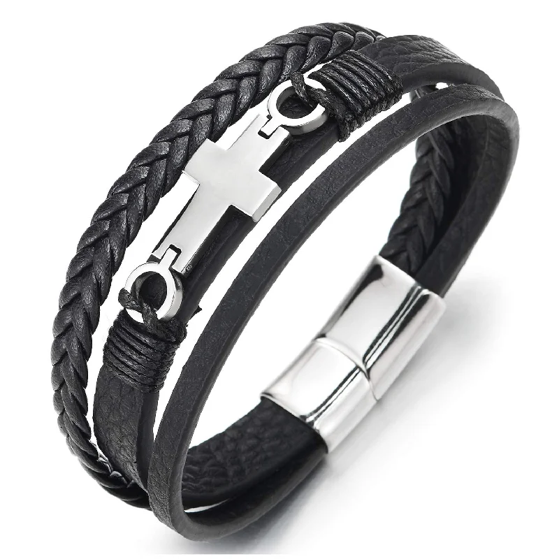 Mens Steel Horizontal Sideway Lateral Flat Cross Three-Strand Black Braided Leather Bangle Bracelet