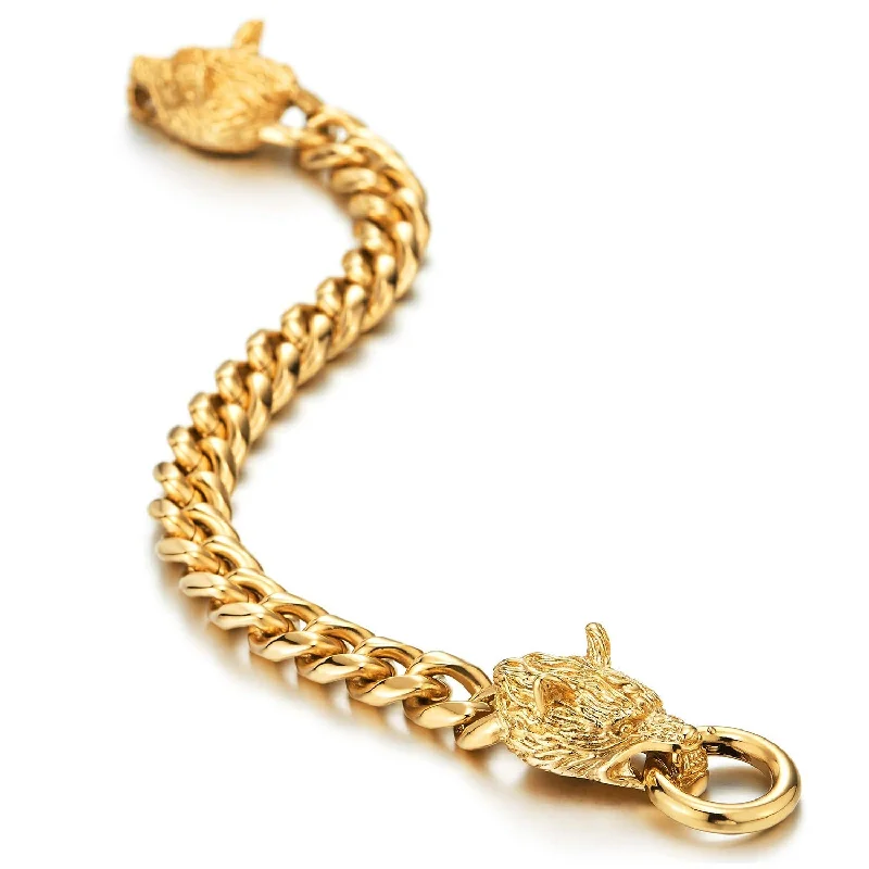 Punk Rock Mens Gold Color Steel Wolf Head Curb Chain Bracelet with Spring Ring Clasp, 8.5 Inches