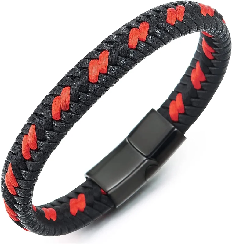 COOLSTEELANDBEYOND Men Women Black Braided Leather Bracelet Interwoven with Orange Cotton Cord Steel Magnetic Clasp