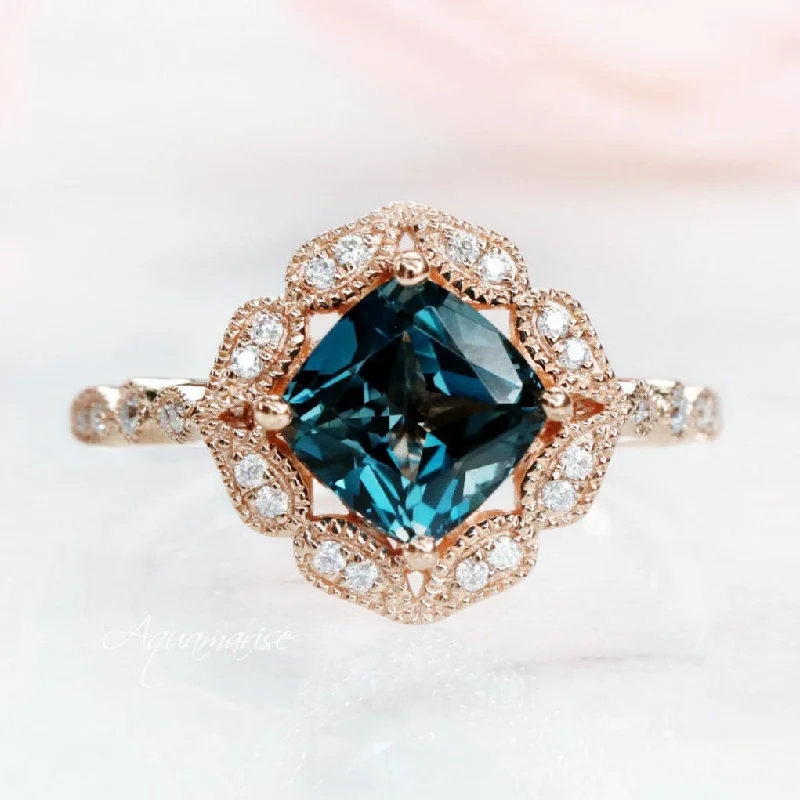 Luxe Cushion Cut Natural London Blue Topaz Engagement Ring- 14K Solid Rose Gold