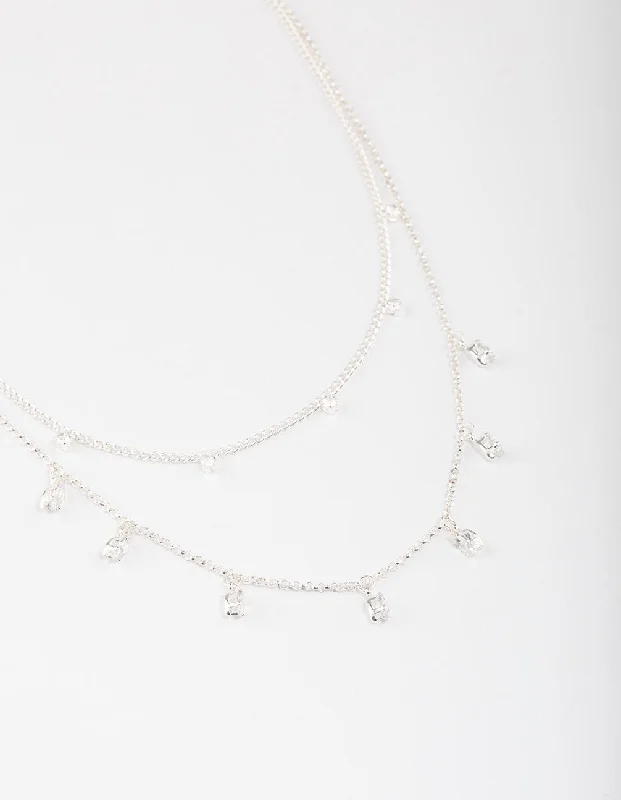 Silver Plated Dainty Cubic Zirconia Drop Layered Necklace