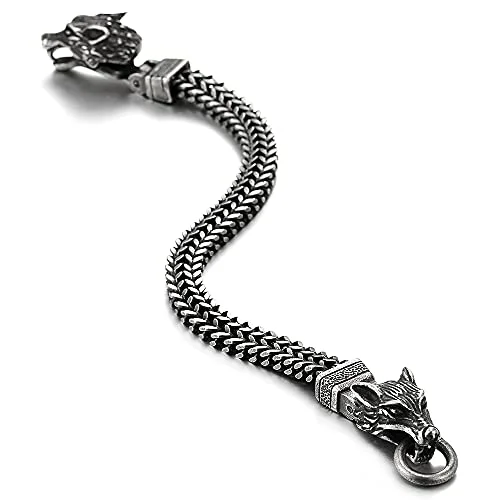 Mens Steel Franco Link Curb Chain Bracelet, Wolf Head Spring Ring Clasp, 8.7 in, Old Metal Finished