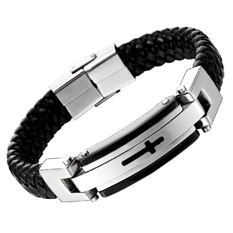 Mens Stainless Steel ID Identification Bracelet with Cross Black Braided Leather Wristband Bangle