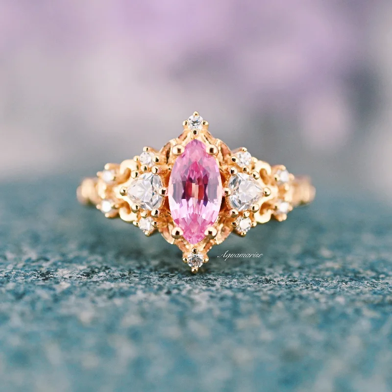 Elain Pink Sapphire Fairy Leaf Engagement Ring- 14K Solid Yellow Gold