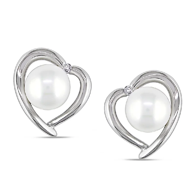 Miadora Sterling Silver Pearl and Diamond Heart Halo Stud Earrings (8 - 8.5mm)