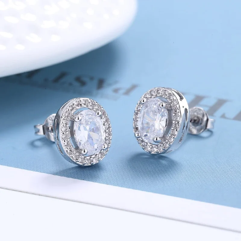 Sterling Silver Oval Halo Earrings with crystals from Swarovski