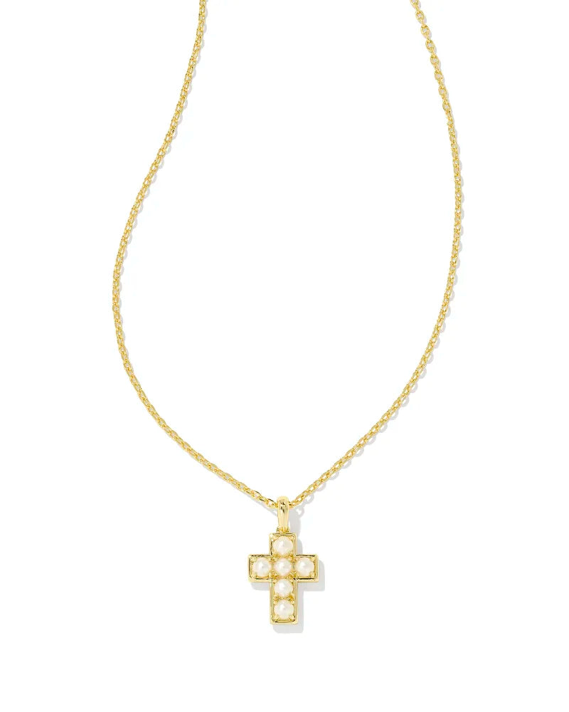 Kendra Scott | Pearl Gold Cross Short Pendant Necklace in White Pearl